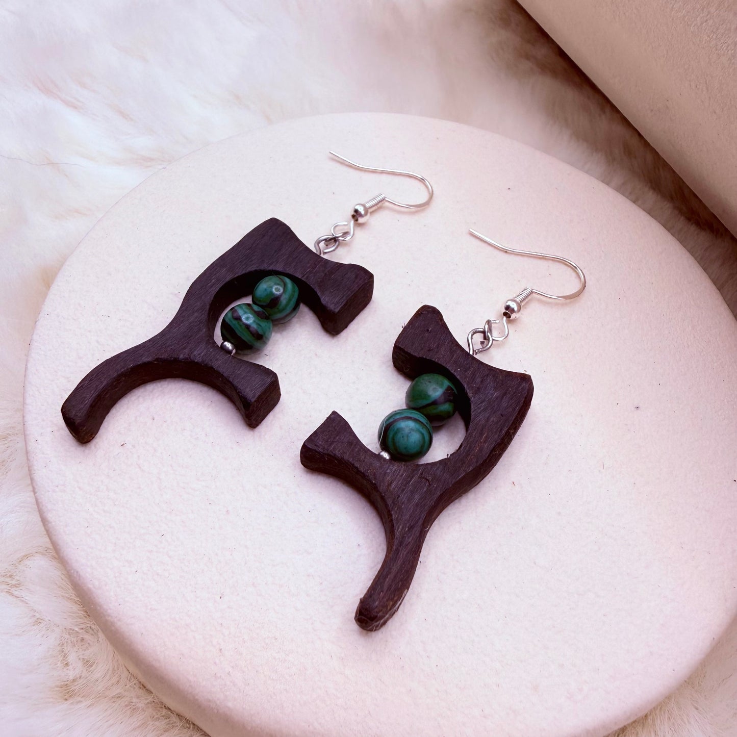 Statement wooden earrings with dark bog oak and vibrant green malachite