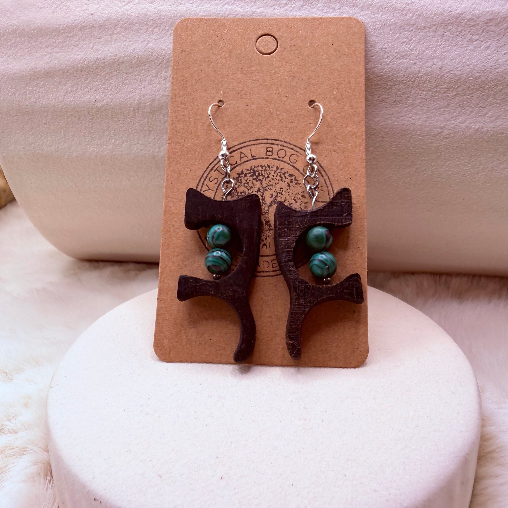 Lightweight bog oak and malachite dangle earrings for everyday wear