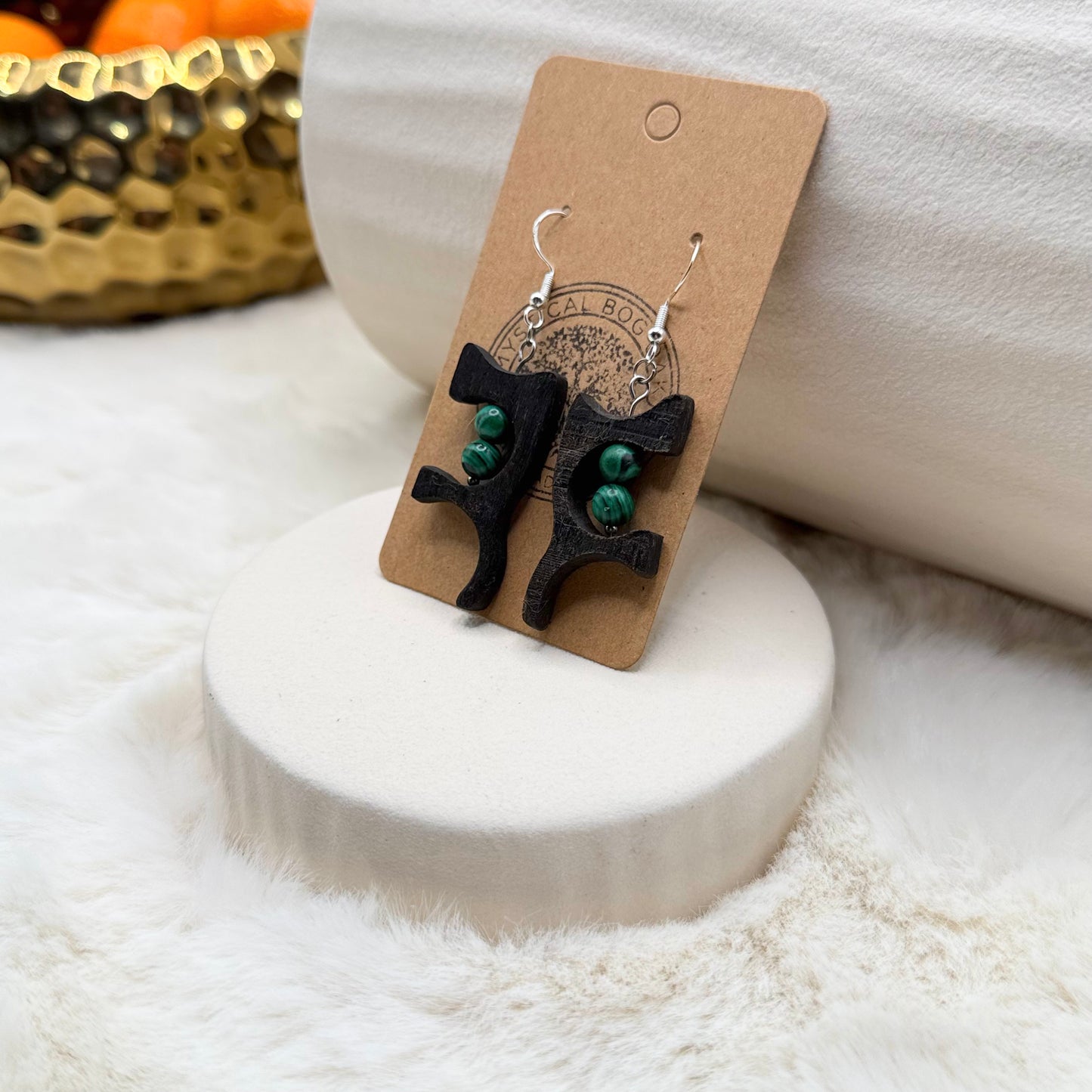 Eco-friendly handmade wooden earrings with green malachite gemstone