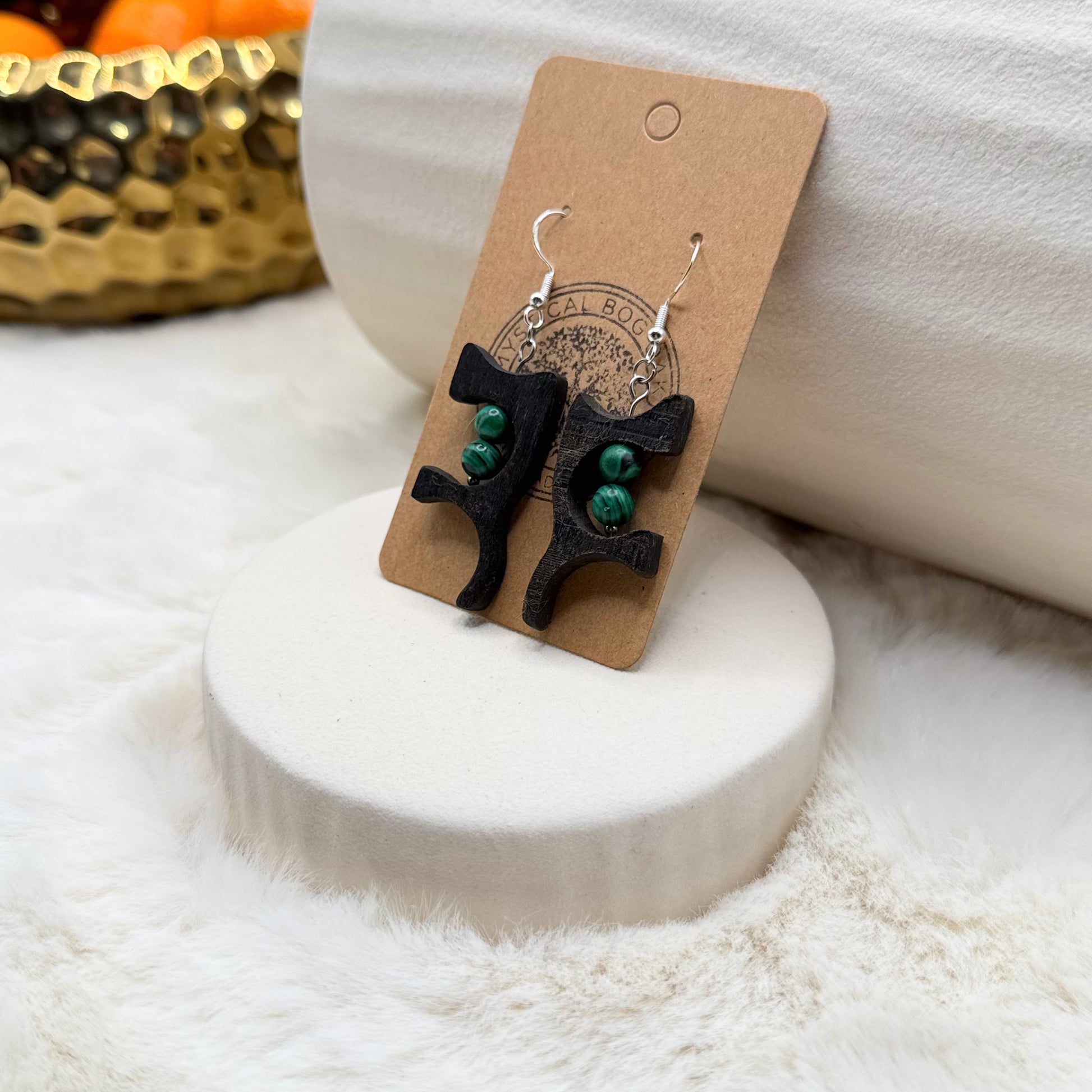 Eco-friendly handmade wooden earrings with green malachite gemstone