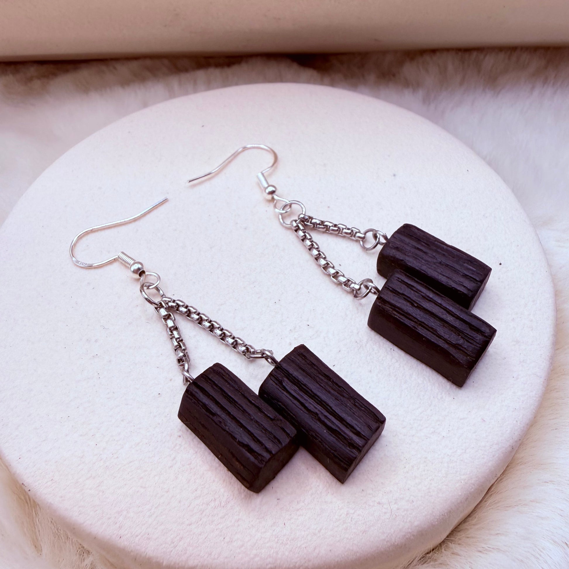 Unique black wood earrings made from bog oak – modern minimalist design