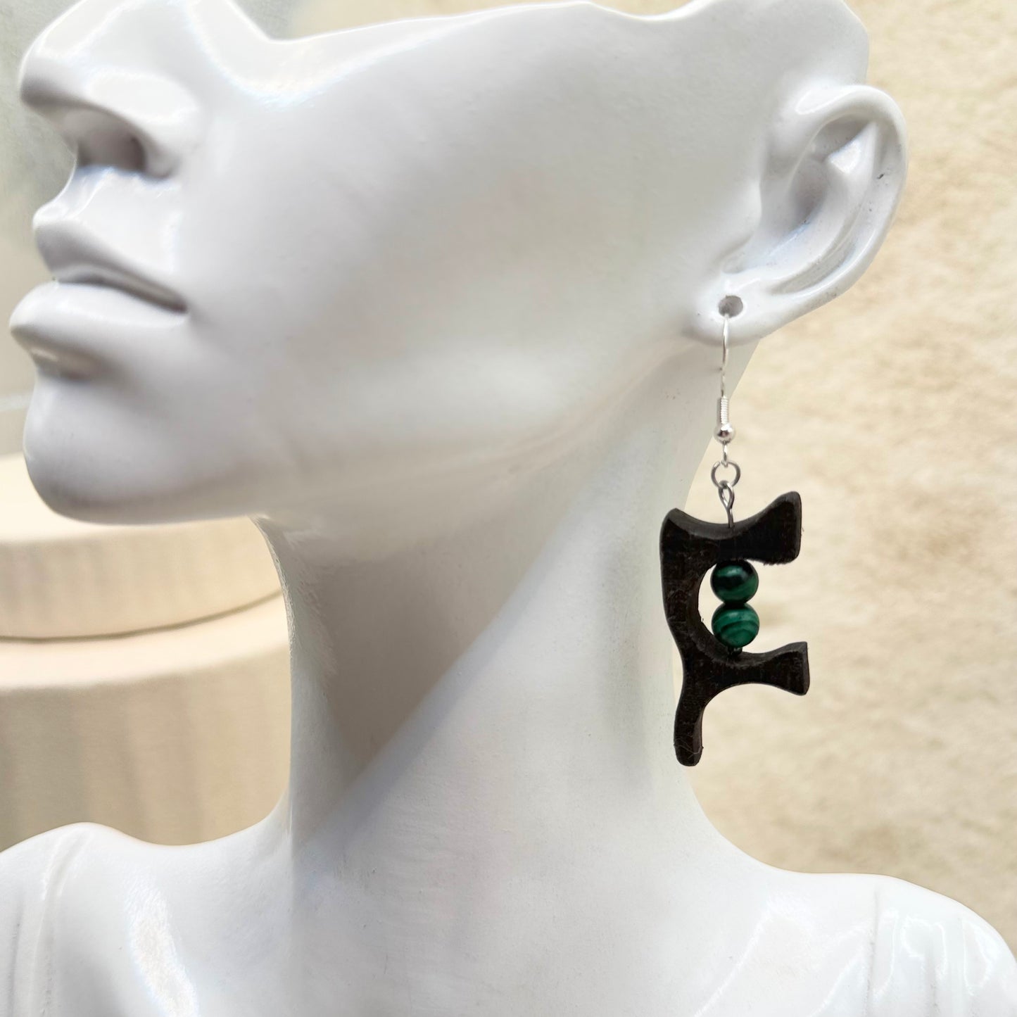 Bog oak earrings with malachite stone 