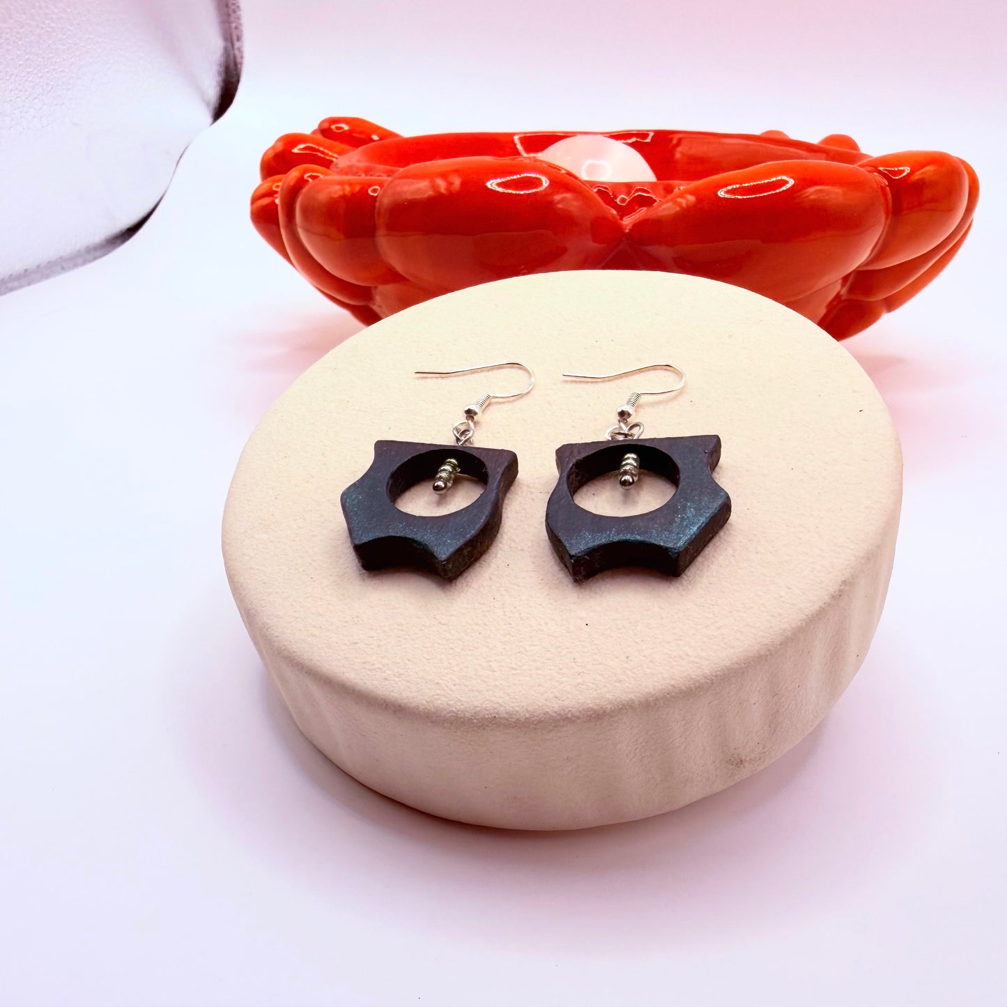 Minimal bog oak wood earrings hanging on stainless steel hooks, natural dark wood