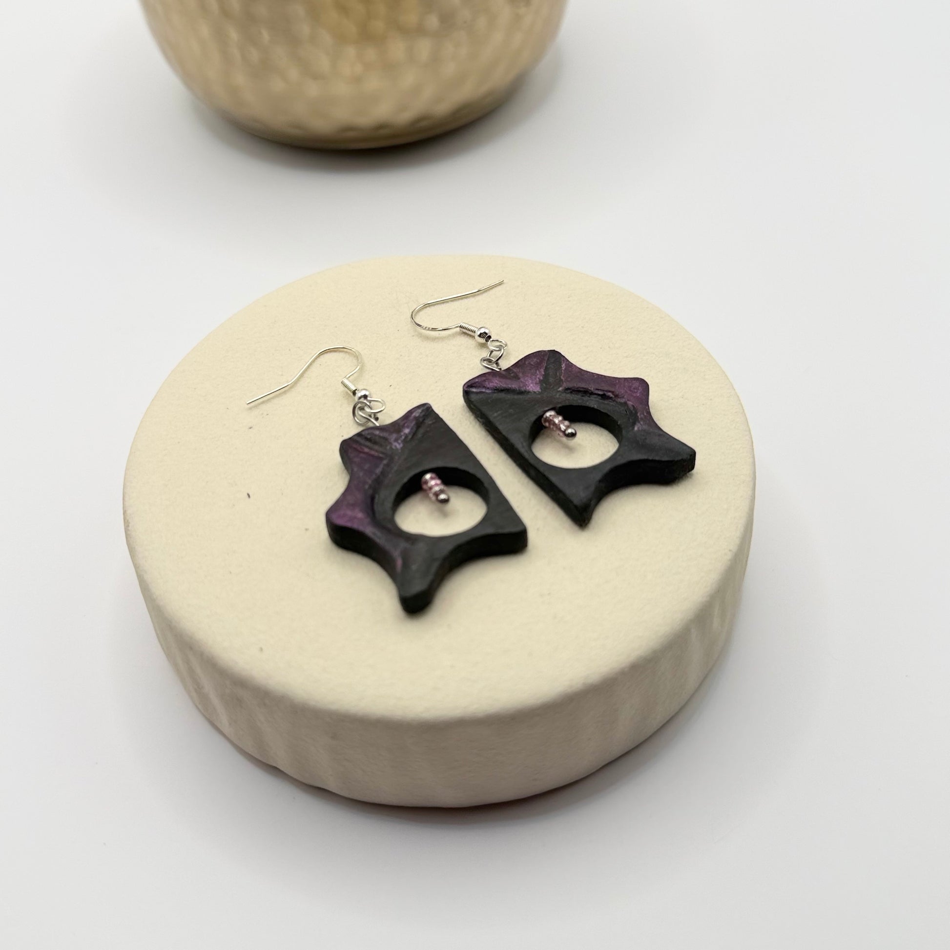 Natural bog oak wood earrings partially hand-painted