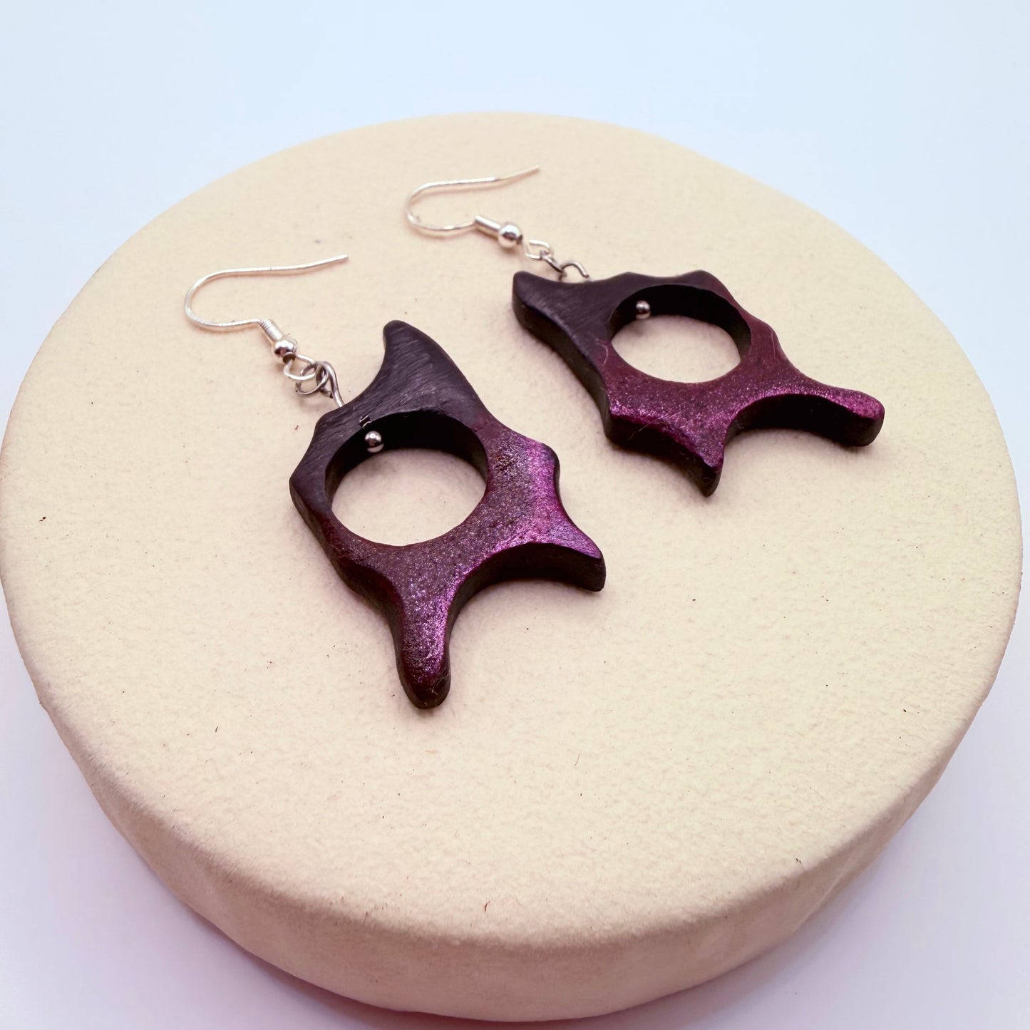 Abstract wooden dangle earrings featuring purple and black gradient finish