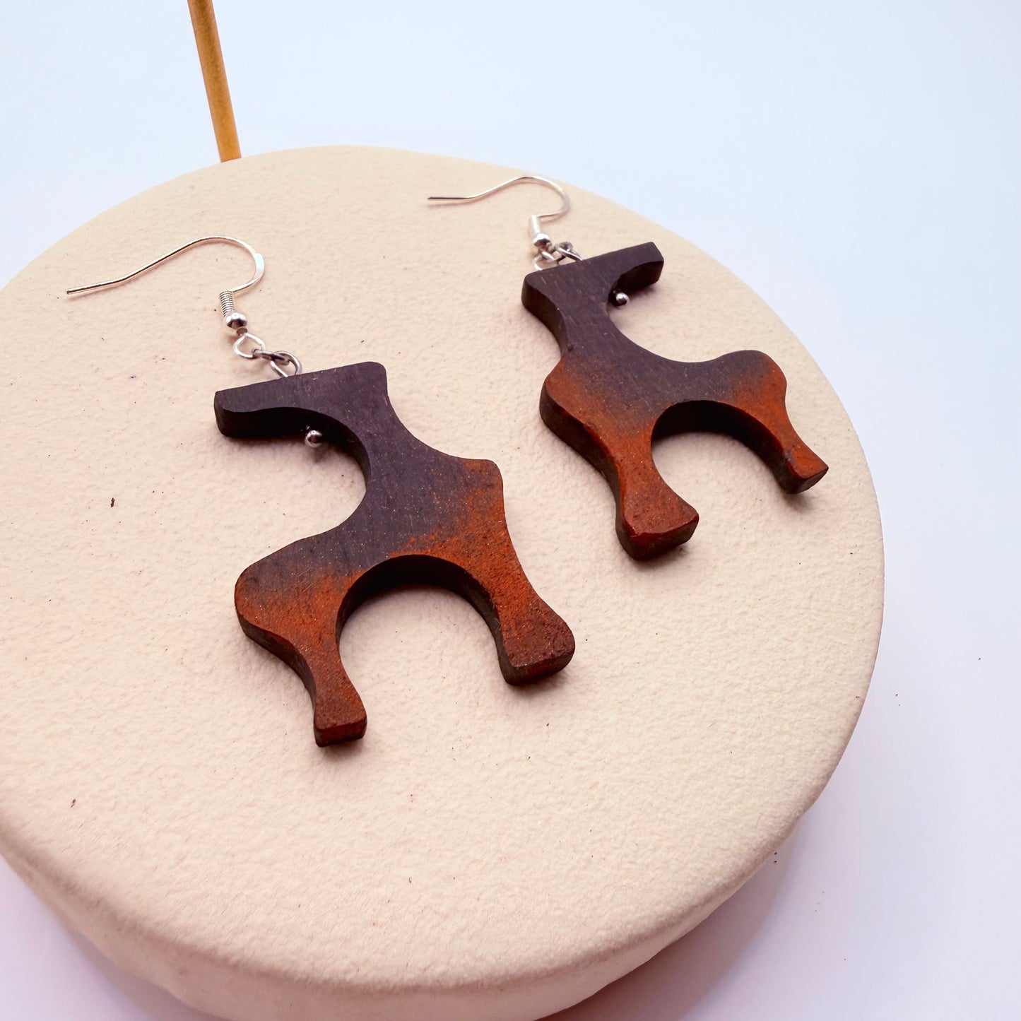 Handmade bog oak wooden earrings with geometric shape and hand painted detail