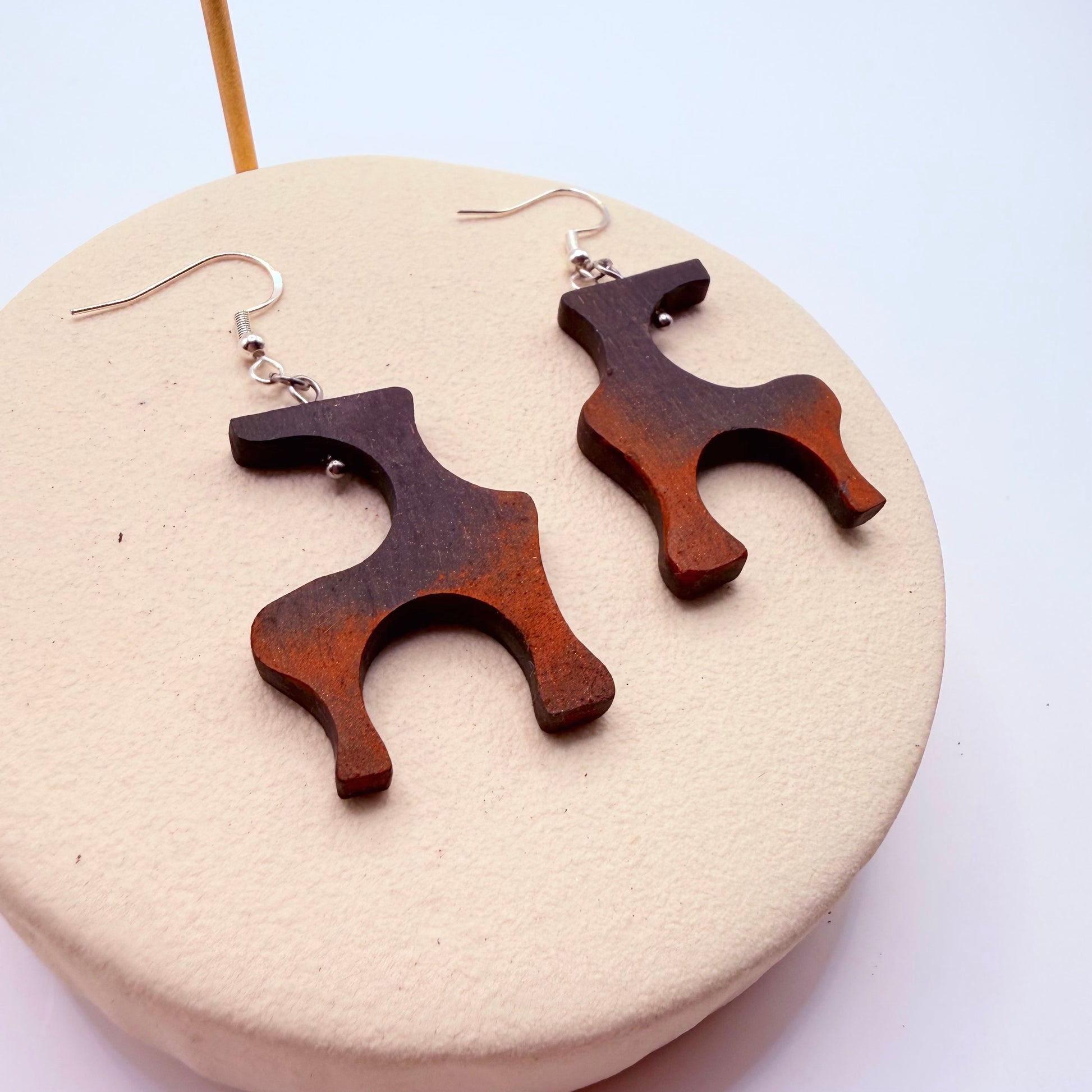 Handmade bog oak wooden earrings with geometric shape and hand painted detail