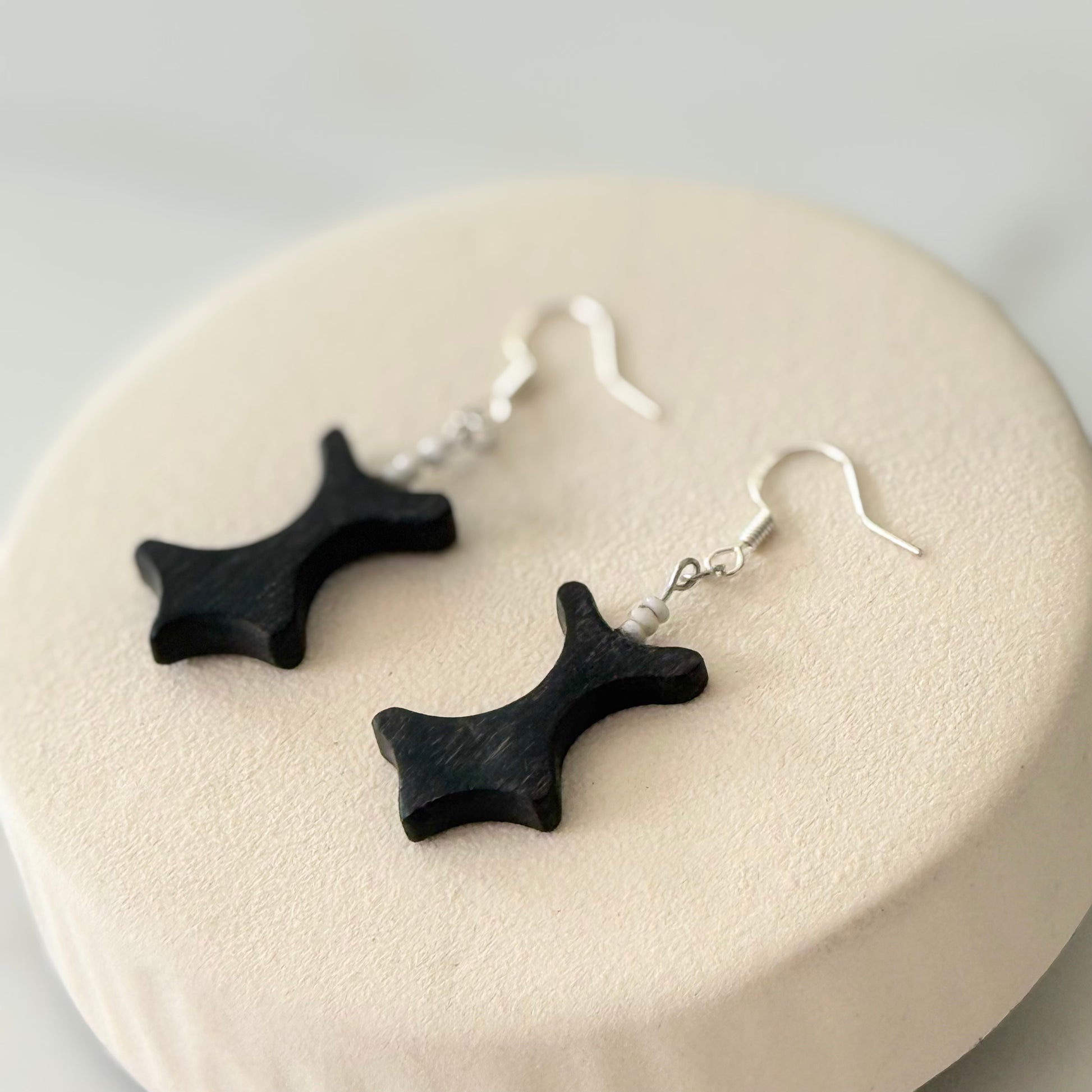 Black fish-shaped earrings on a beige stand with a light gray background