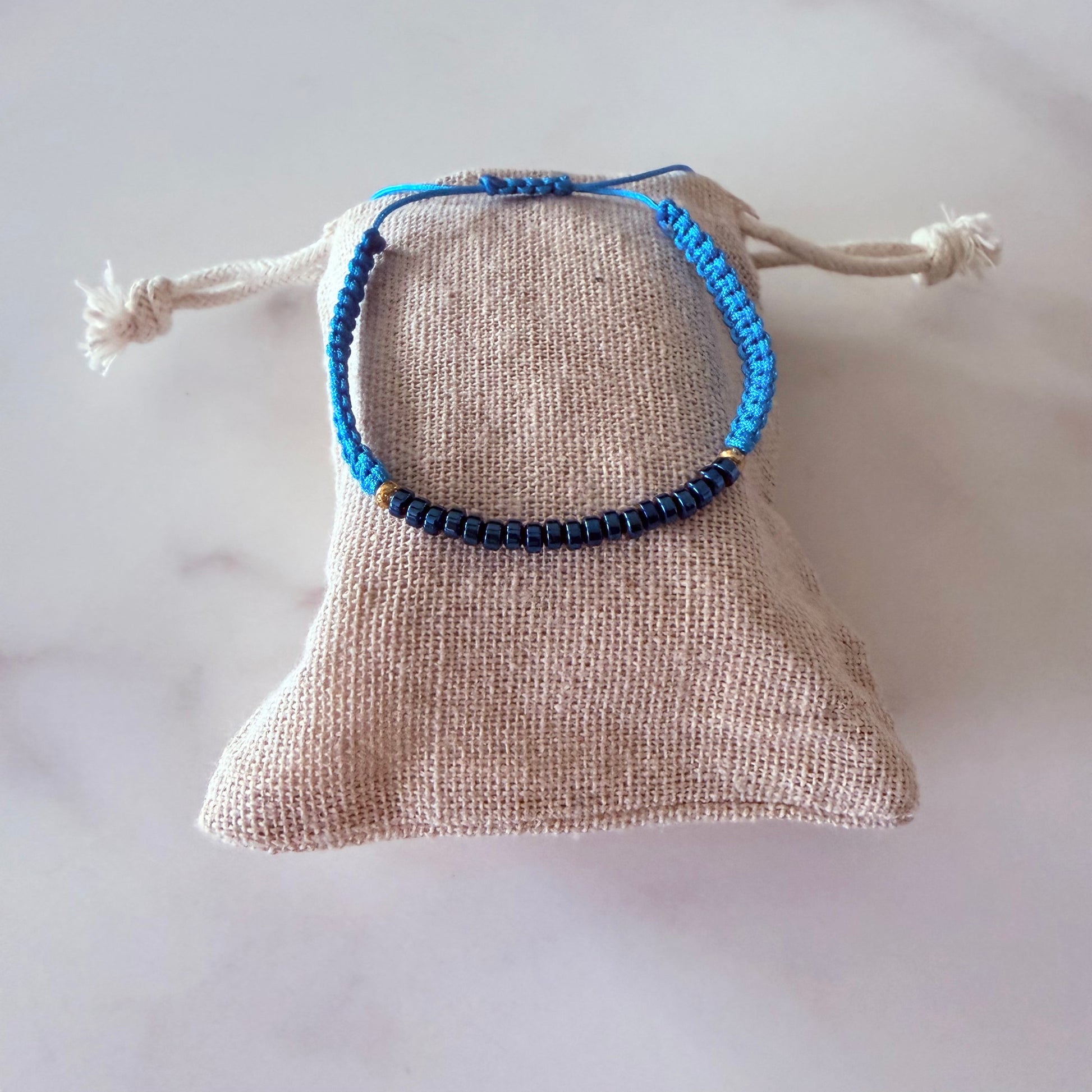 Blue Hematite bracelet with adjustable fit.