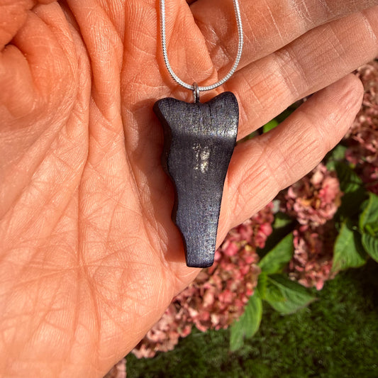 A dark, polished stone pendant with a natural organic shape hanging from a silver chain, held in a person's hand with pink flowers and green foliage in the background.