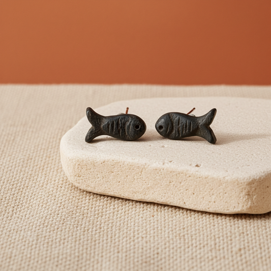 Hand Carved Bog Oak Fish Stud Earrings