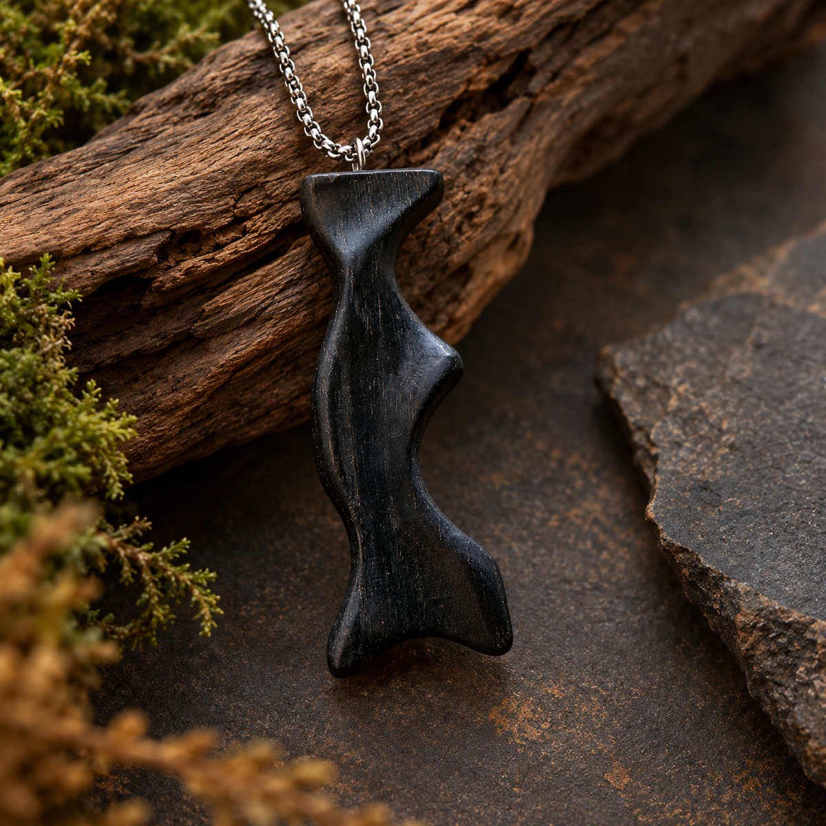 A black carved wooden pendant necklace with an organic, abstract shape hanging from a silver chain, styled on a rustic background of wood, moss, and dark stone.