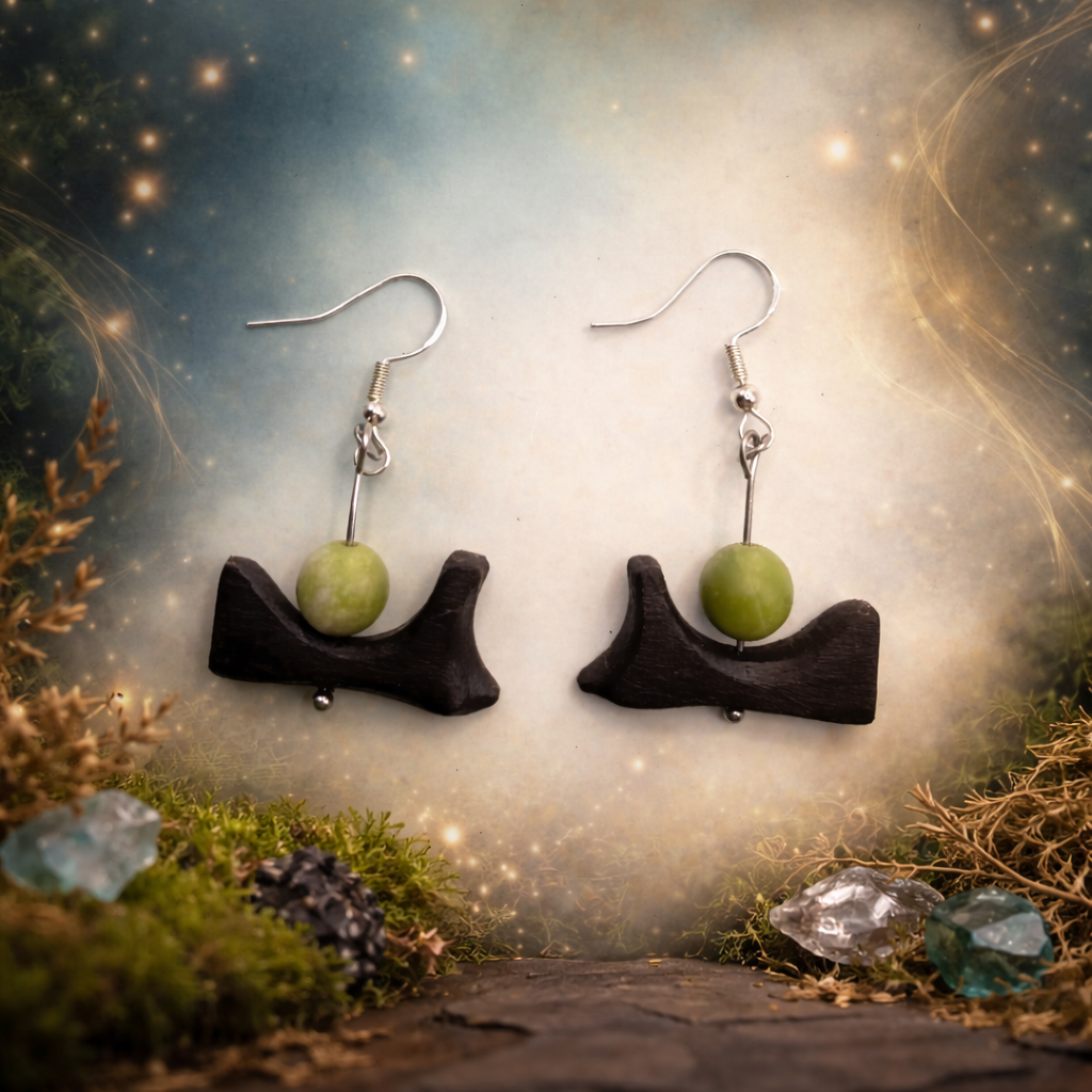 Pair of earrings with green beads and dark brown bases on a mystical background