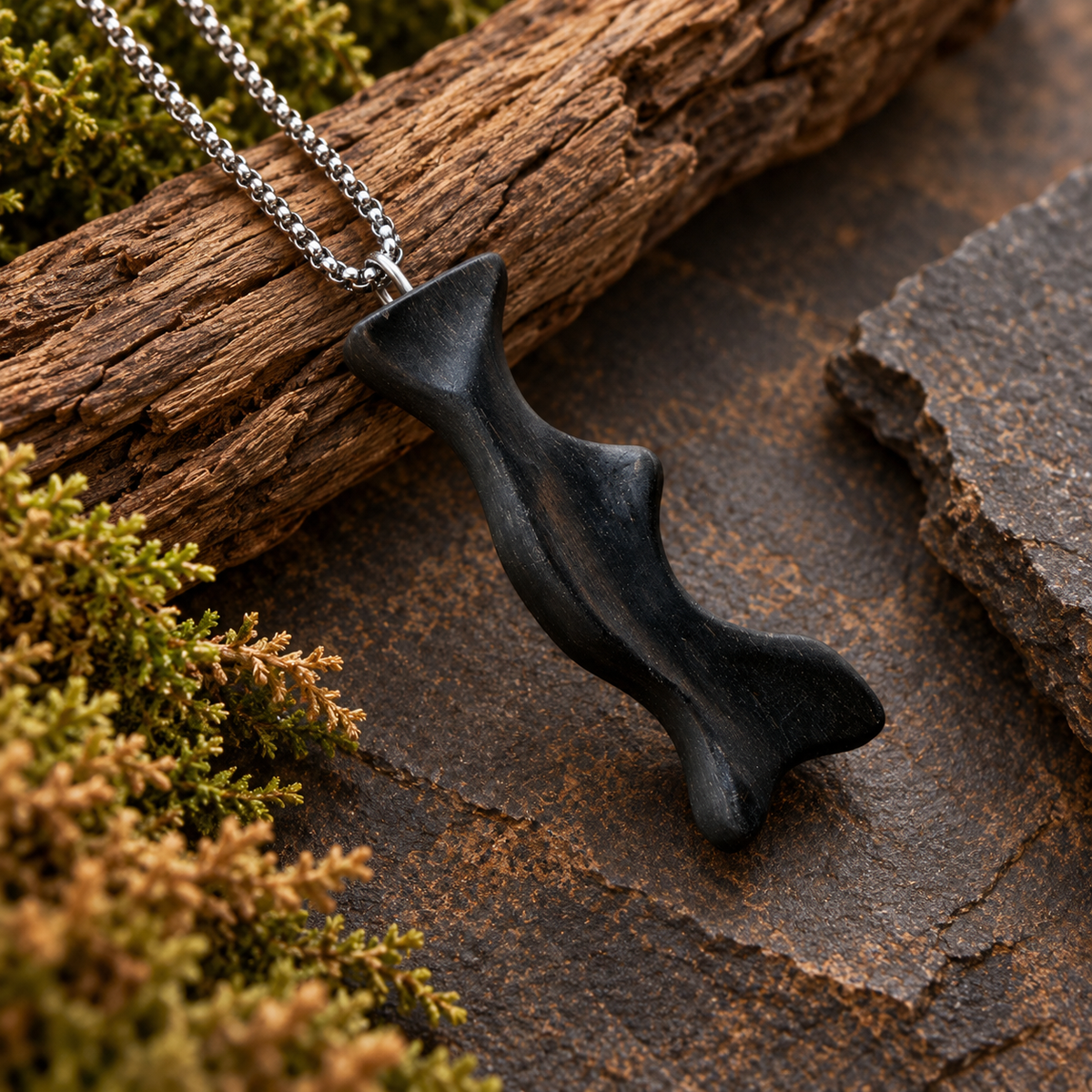 A black fish-shaped pendant necklace on a silver chain, displayed on a rustic wood log and dark stone surface with moss.