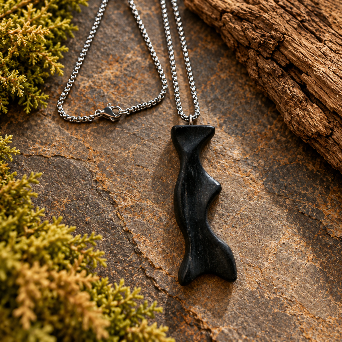 A black carved wooden pendant necklace with a silver-toned chain, displayed on a textured brown stone surface with moss and wood in the background.