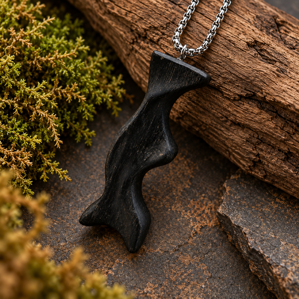 A black carved wooden pendant necklace with a silver chain, styled on a rustic background of bark, rock, and green moss.