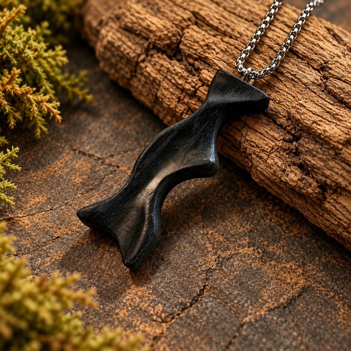 A black wooden pendant necklace with a curved, organic shape hanging from a silver-toned chain, displayed on a textured brown log with moss in the background.