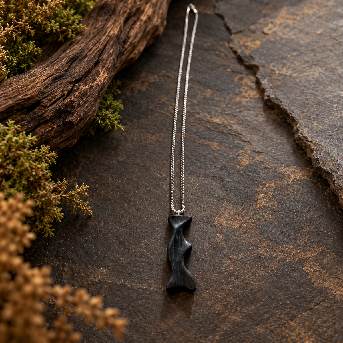 A silver chain necklace with a dark, polished, abstract-shaped pendant, displayed on a textured dark stone surface with moss and a piece of driftwood.
