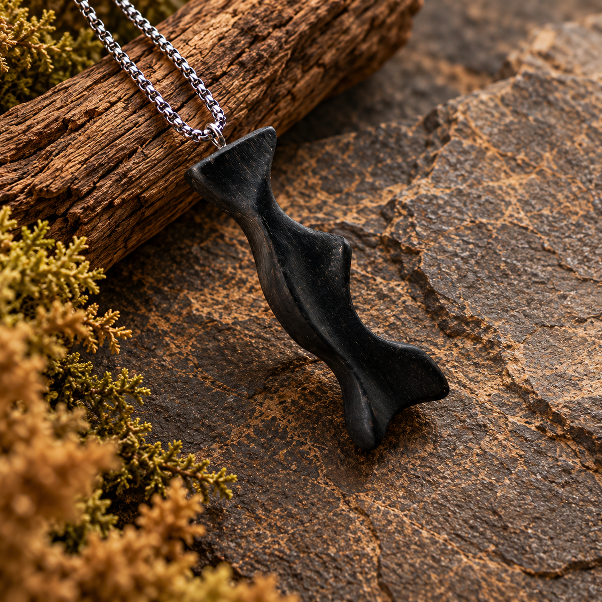 A black fish-shaped pendant necklace on a silver chain, displayed on a textured brown rock with moss and a piece of wood.