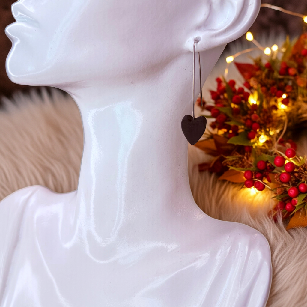 Minimalist Bog Oak Heart Earrings – Handmade Long Hook Design