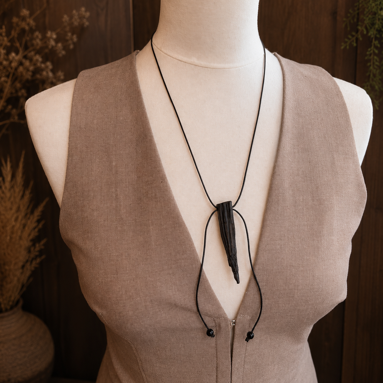 Mannequin wearing a brown vest with a black necklace on a dark background
