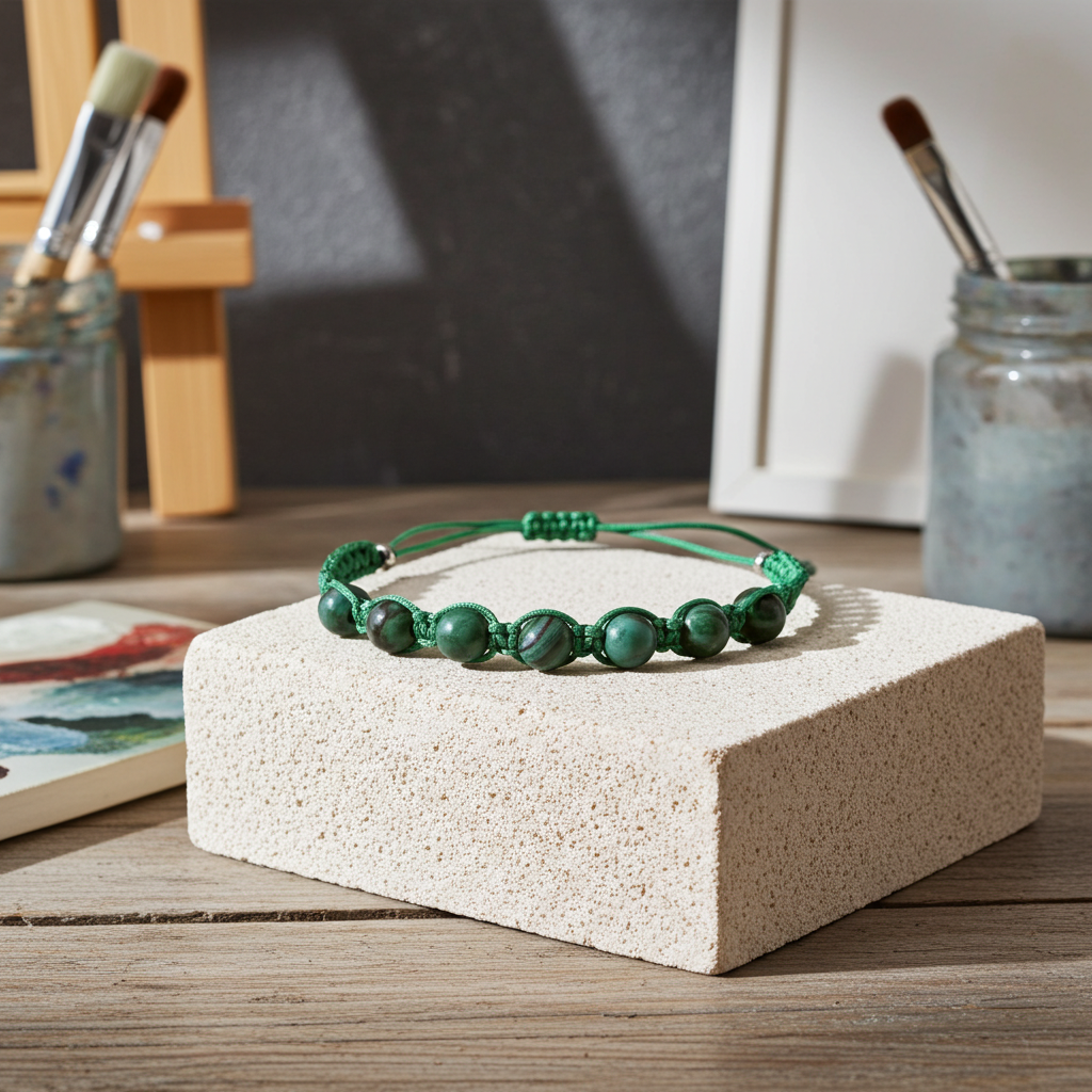 Green beaded bracelet on a textured block with a painting and art supplies in the background