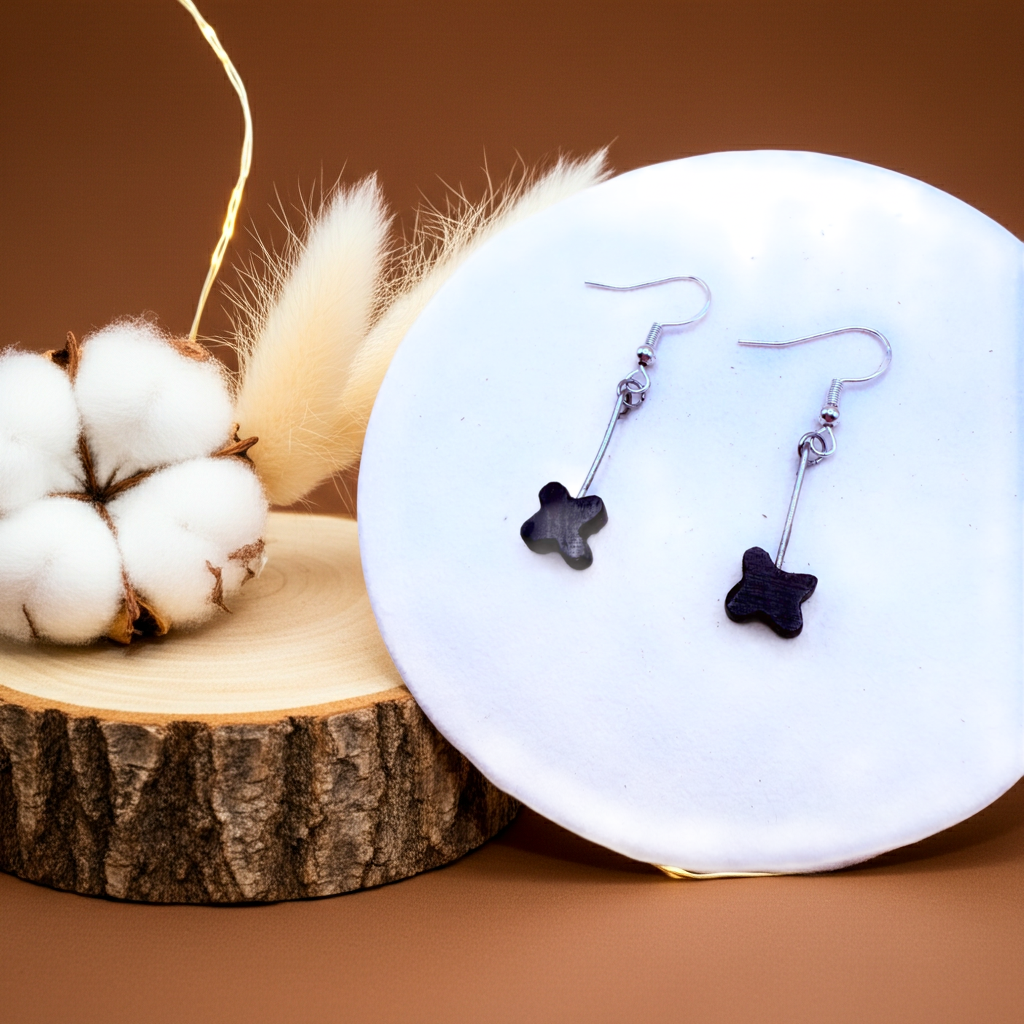 Minimalist Black Wooden Flower Drop Earrings