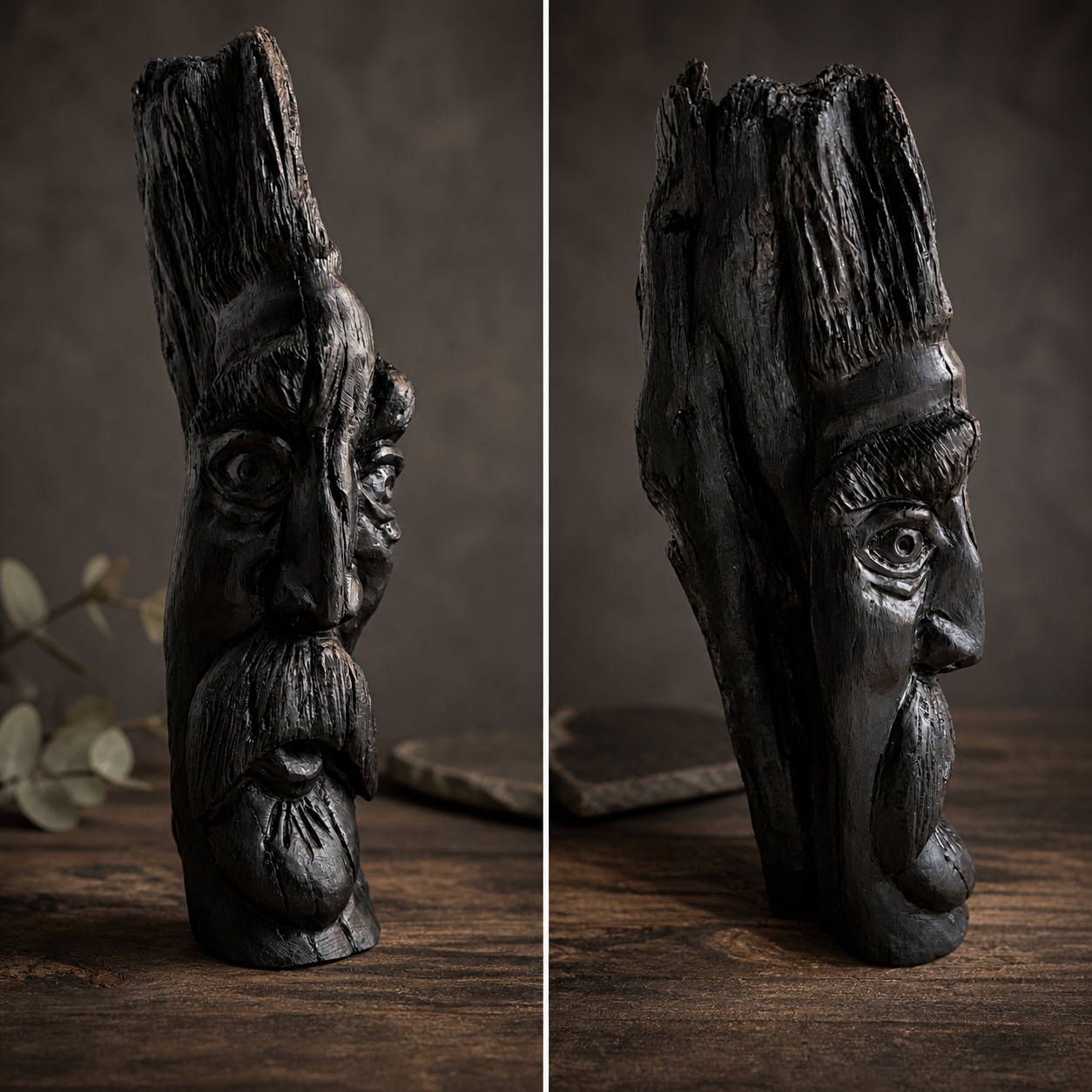 Front view of carved bog wood face sculpture with expressive features and dark aged surface