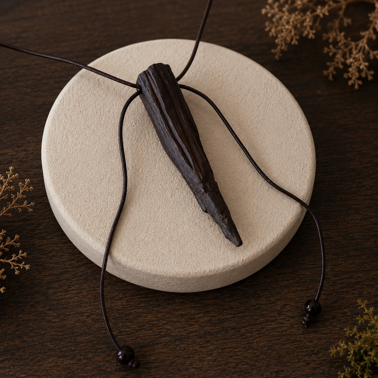 Wooden incense stick on a white stone with a dark background
