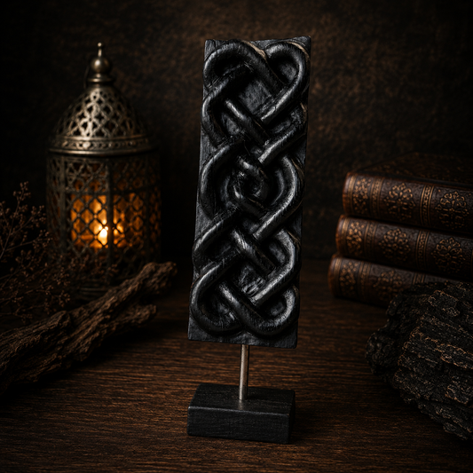 Decorative black stone sculpture with intricate patterns on a stand, surrounded by books and a lantern in a dark setting.