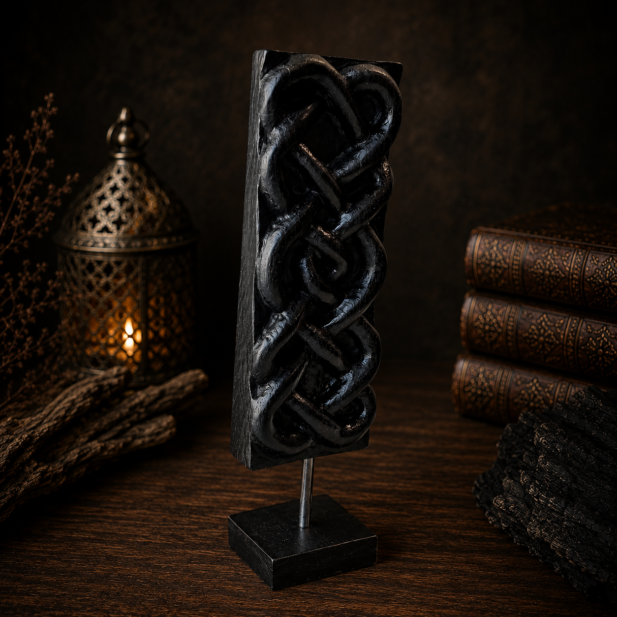Decorative black metal sculpture on a stand with a dark background
