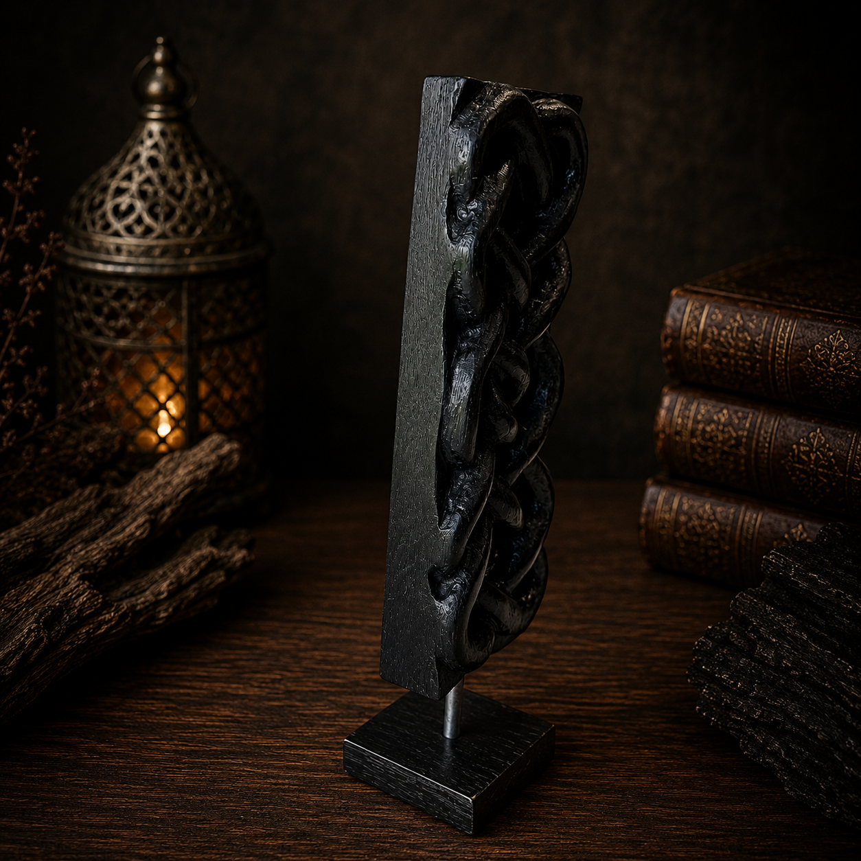 Decorative black metal sculpture on a wooden surface with a candle and books in the background