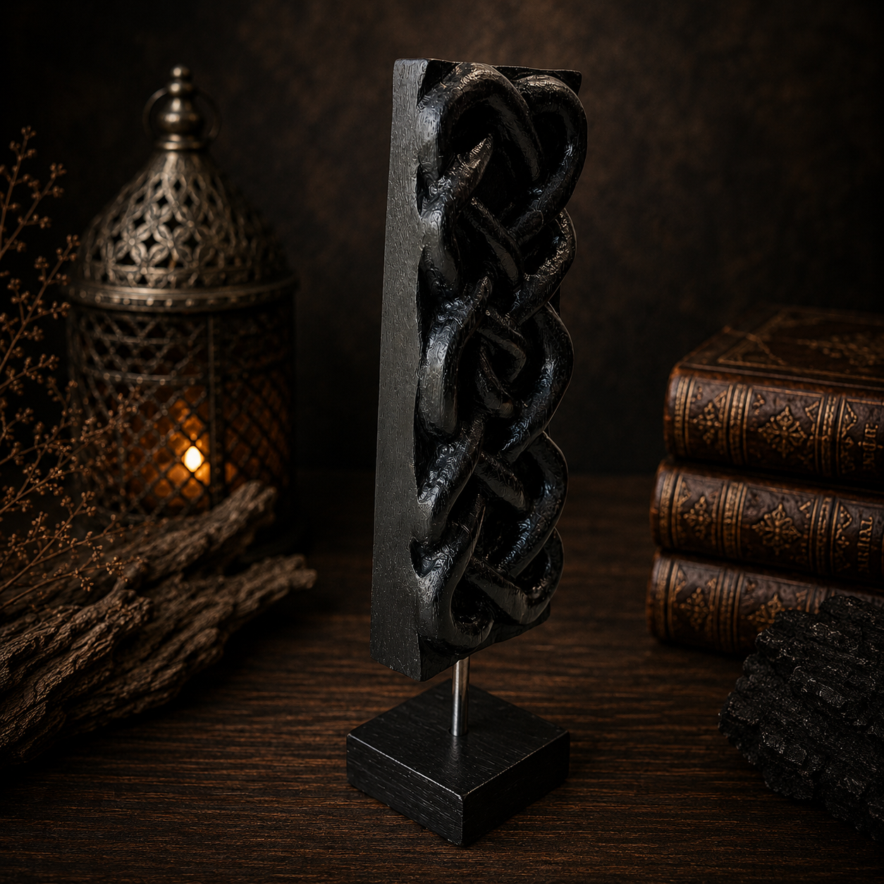 Decorative black metal sculpture with intricate design on a dark background
