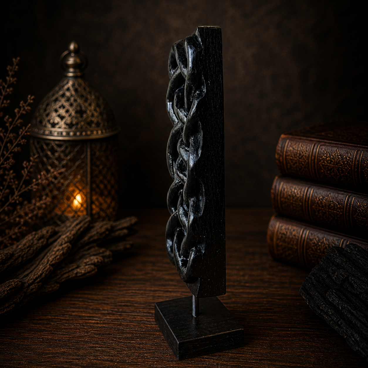 Decorative black metal sculpture on a wooden surface with a candle and books in the background