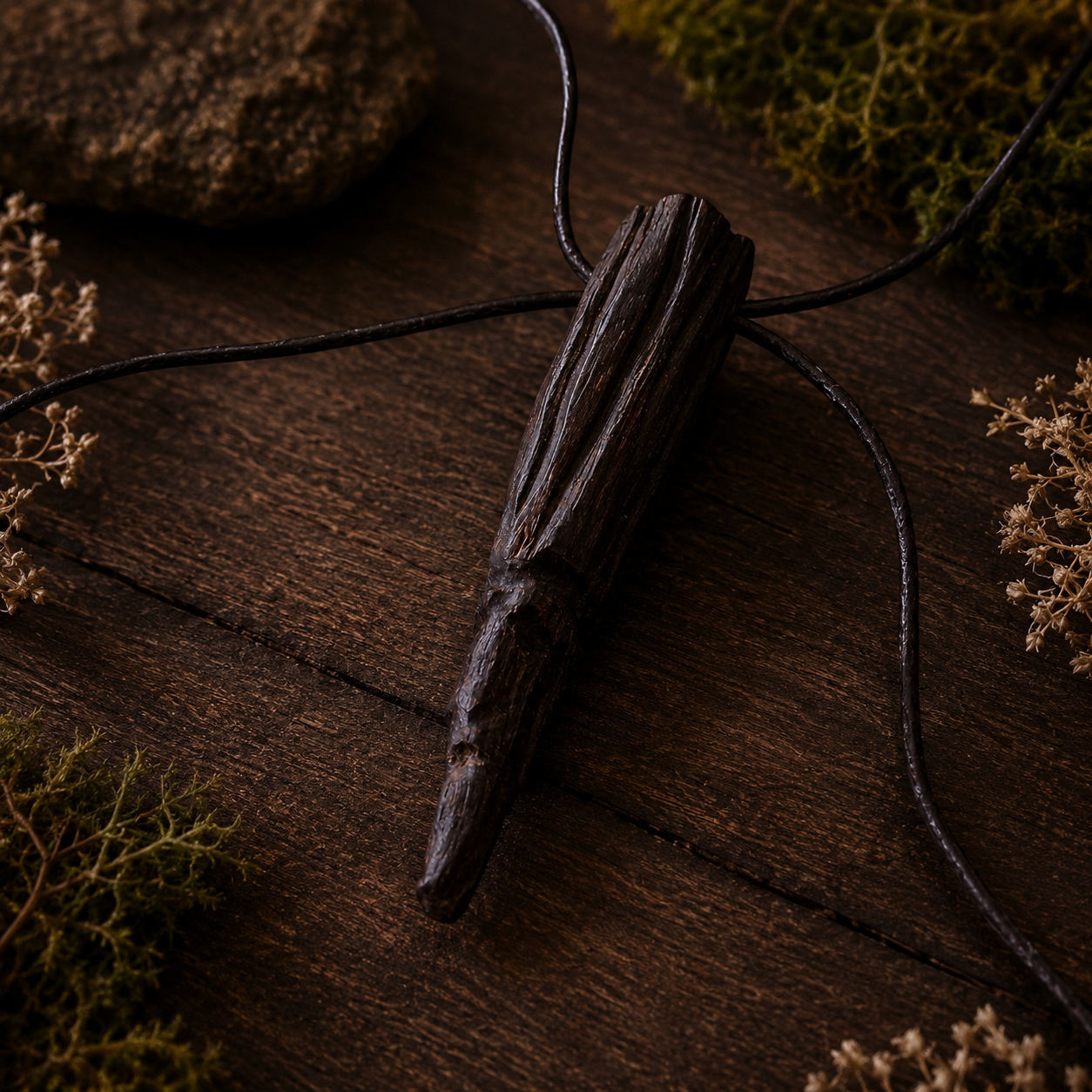 Wooden pendant on a dark wooden surface with dried plants