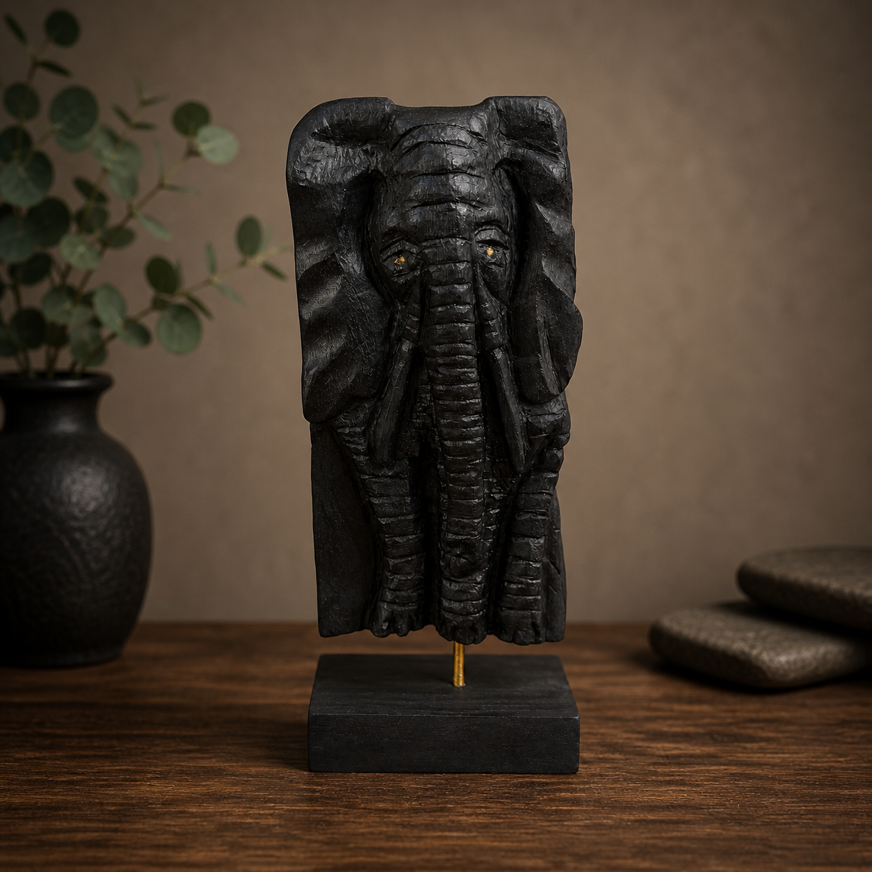 Black stone elephant sculpture on a wooden surface with a plant and stones in the background.