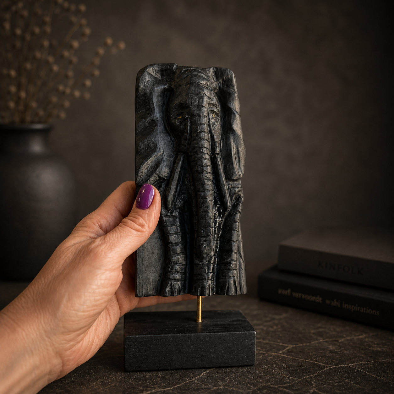 Ancient Bog Oak Elephant Sculpture – Hand-Carved Luxury Art