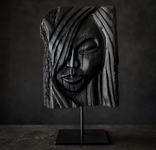 Hand-carved woman sculpture in ancient Irish bog oak on black metal stand, one-of-a-kind art piece