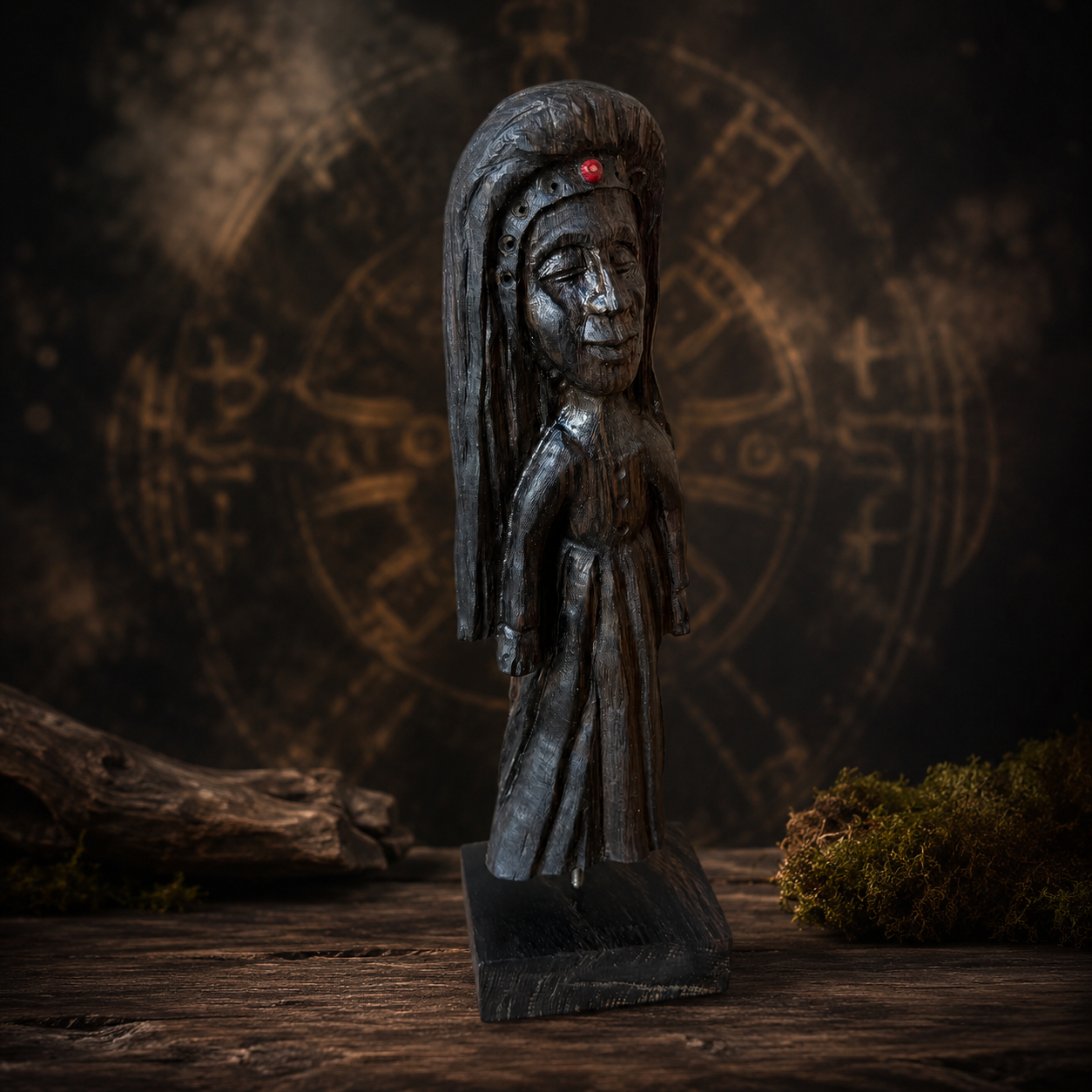 Wooden figurine with long hair and a red eye against a mystical background