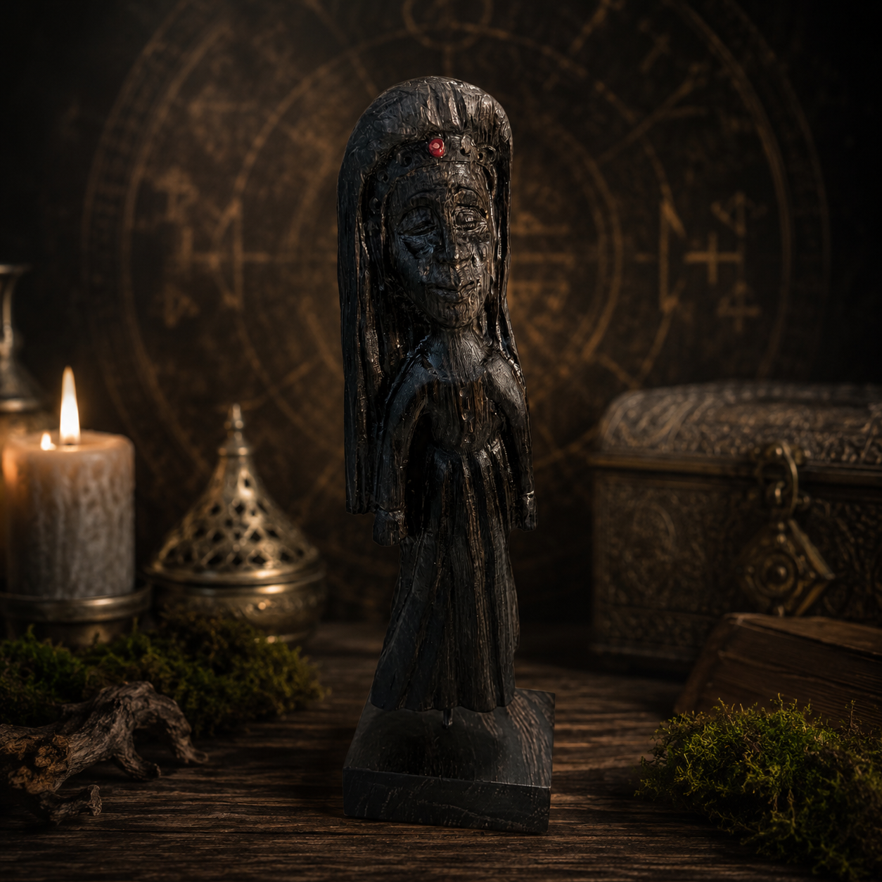 Dark wooden statue with red eyes in a mystical setting with candles and symbols.