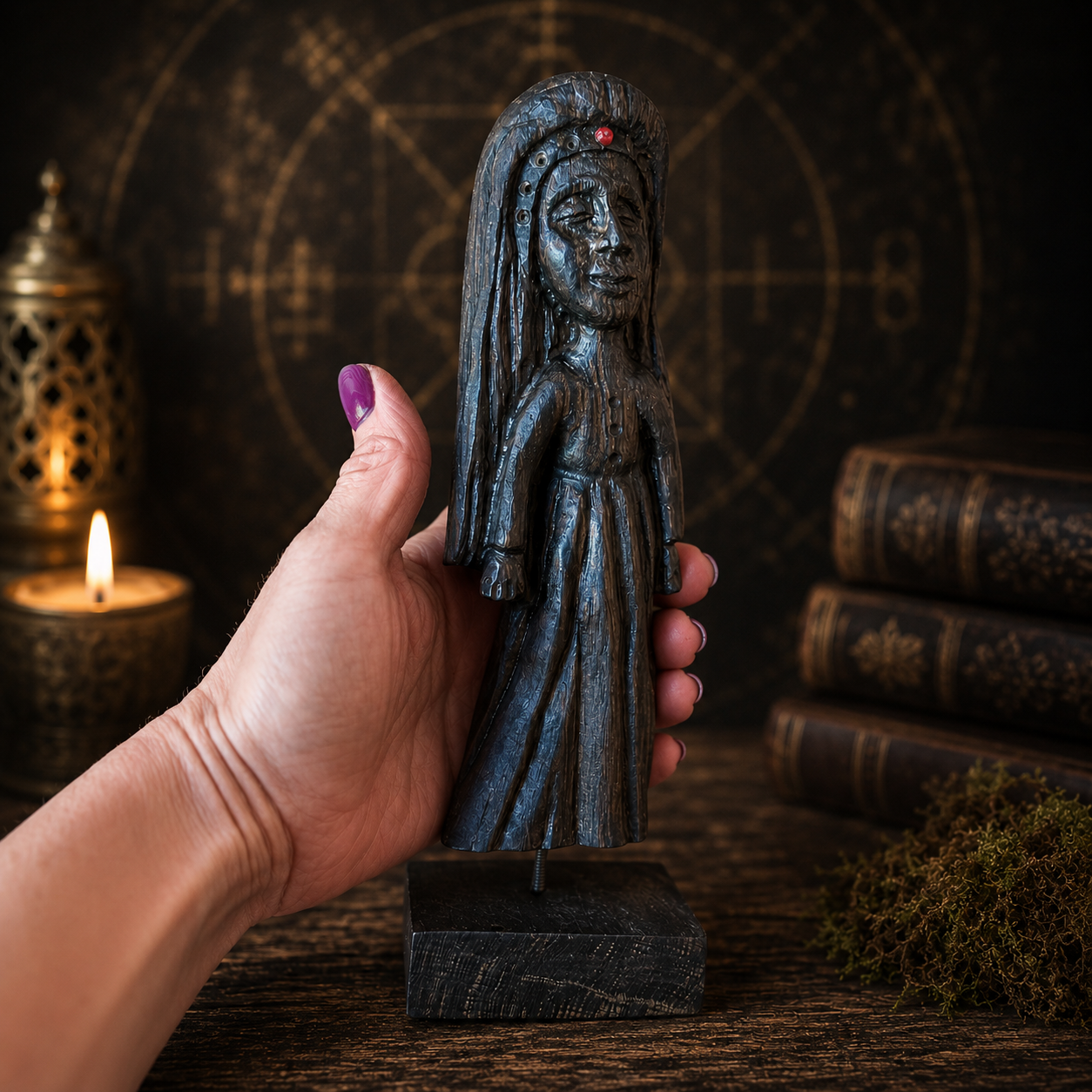 Hand holding a dark stone figurine against a mystical background with candles and books.