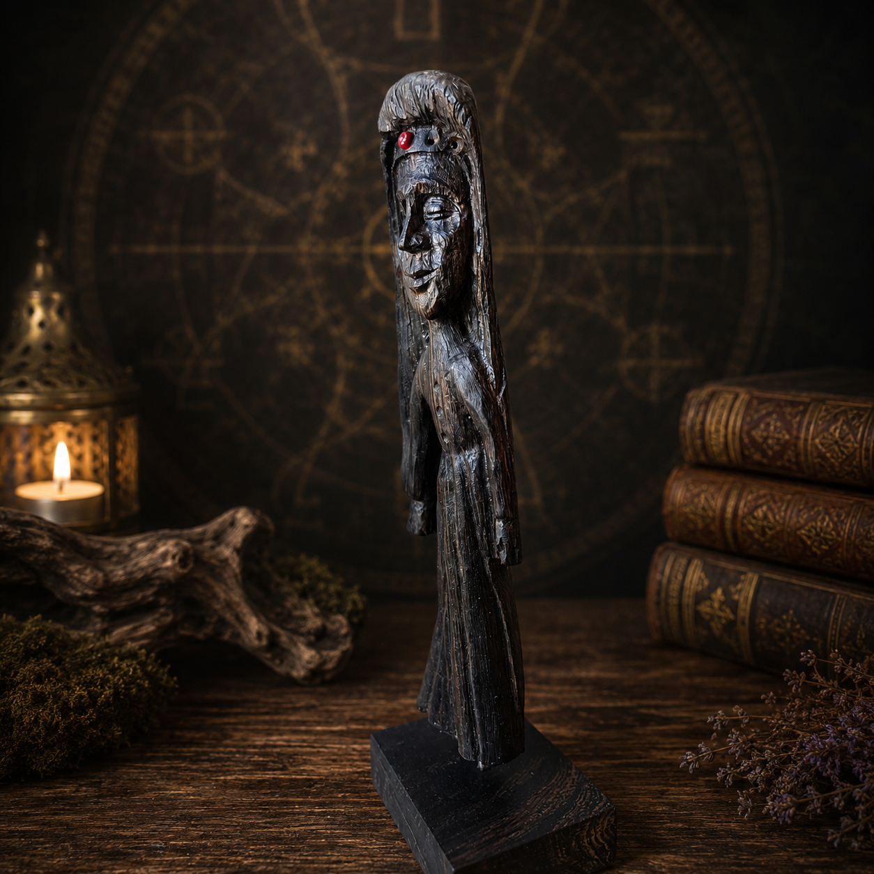 Wooden figurine with a red eye on a dark background with books and a lantern.