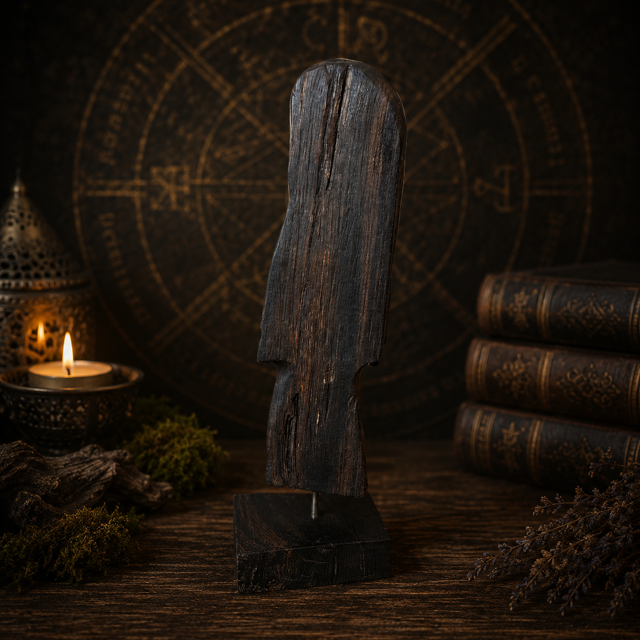 Wooden totem figure with candle and books in a mystical setting