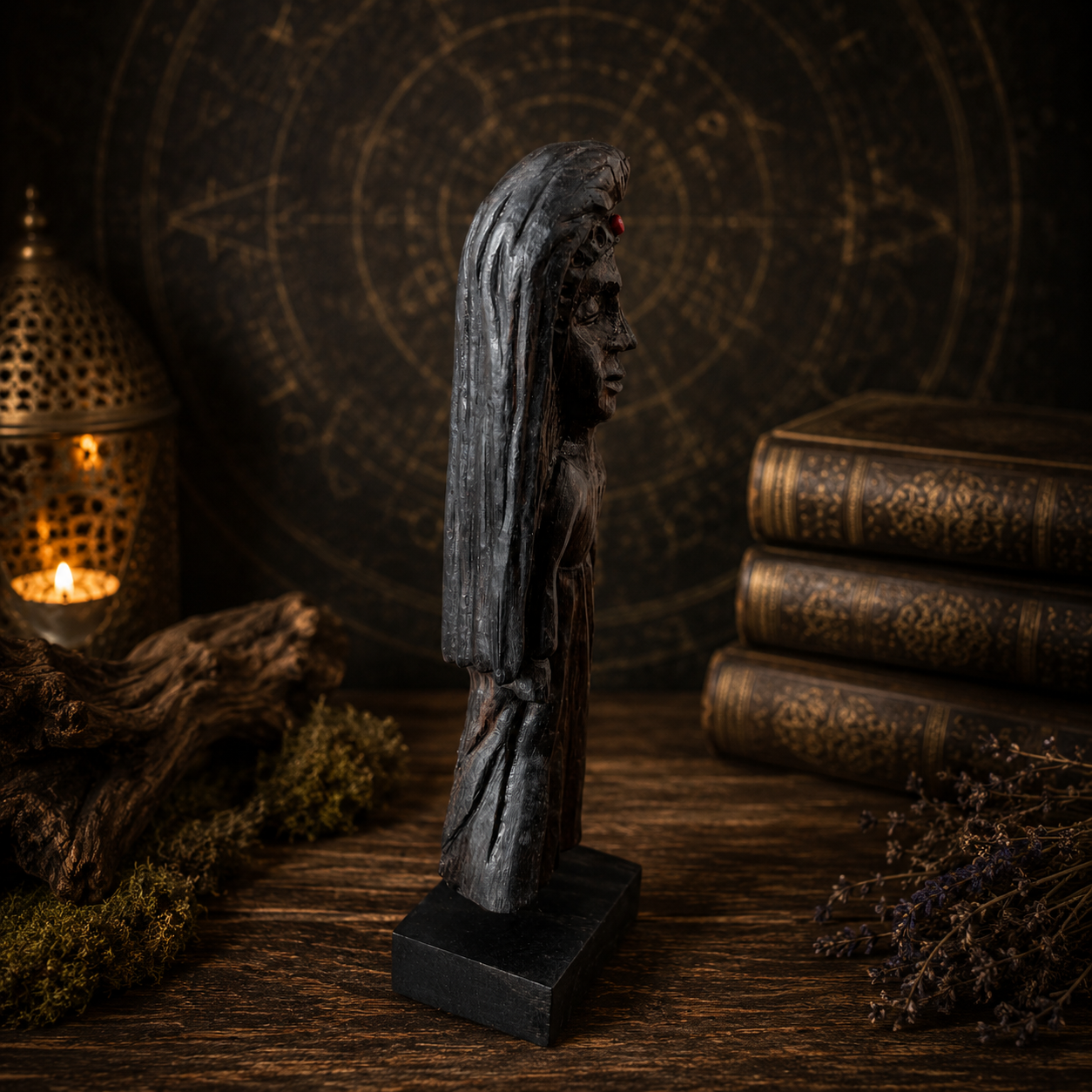 Dark stone statue on a wooden surface with books and lantern in the background