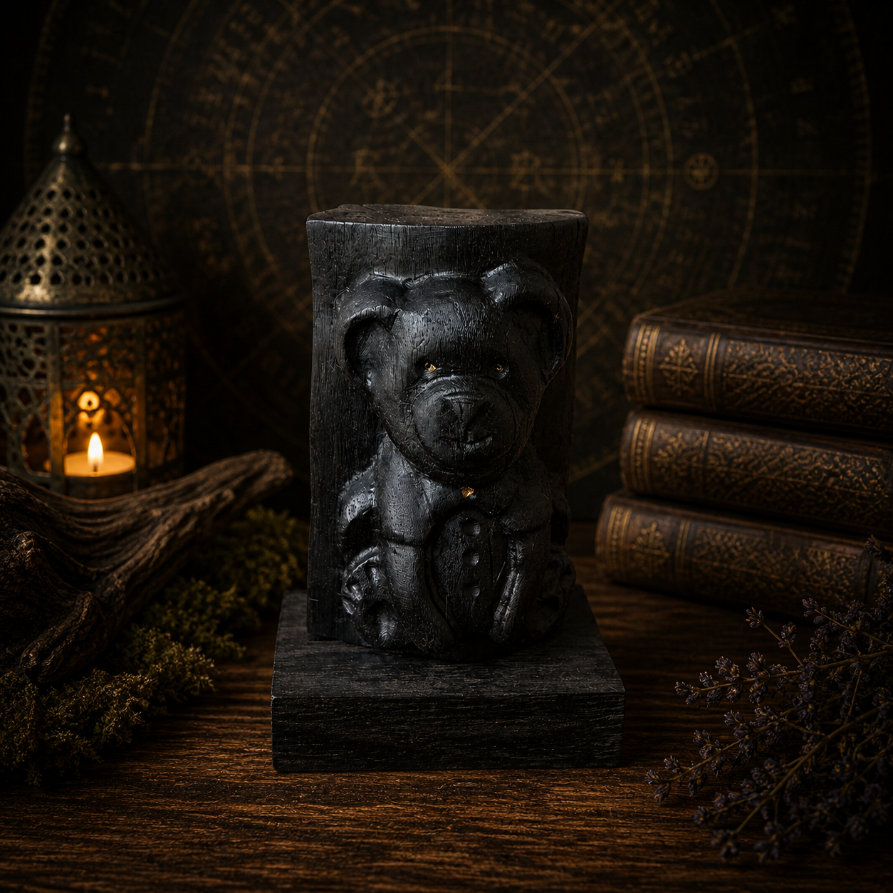 Black bear sculpture on a wooden pedestal with books and lantern in the background