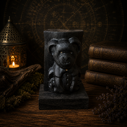 Black bear sculpture on a wooden pedestal with books and lantern in the background