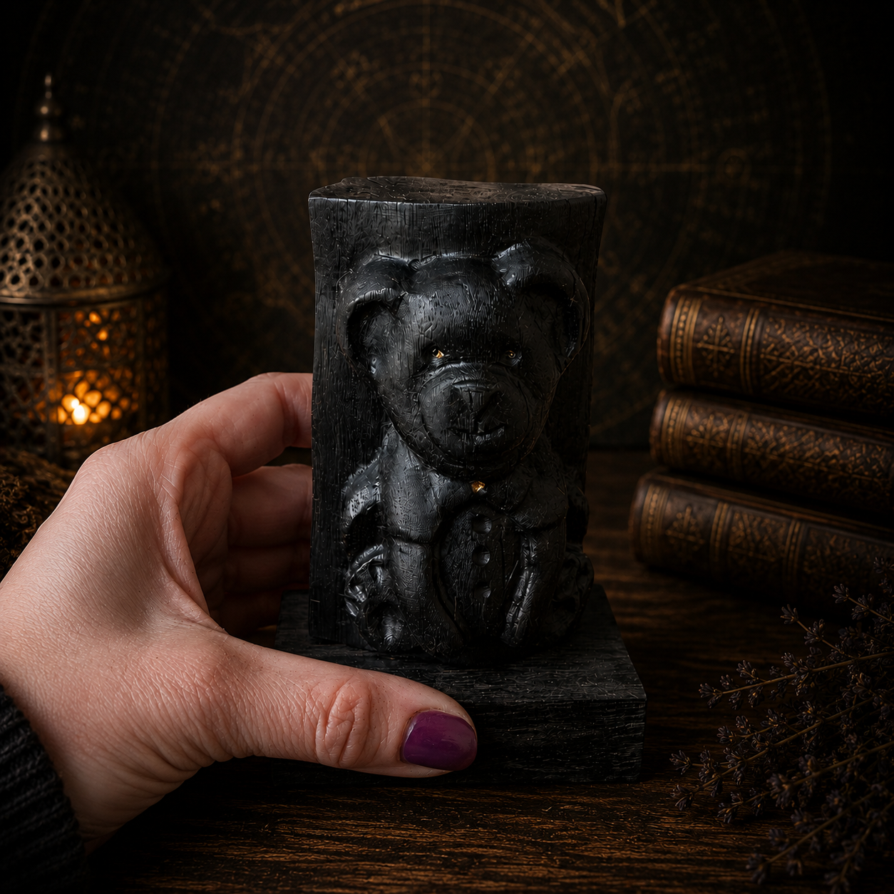 Hand holding a black stone bear sculpture with a dark, mystical background