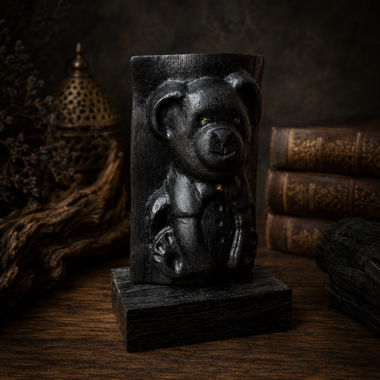 Black stone bear sculpture on a wooden surface with books and decorative items in the background
