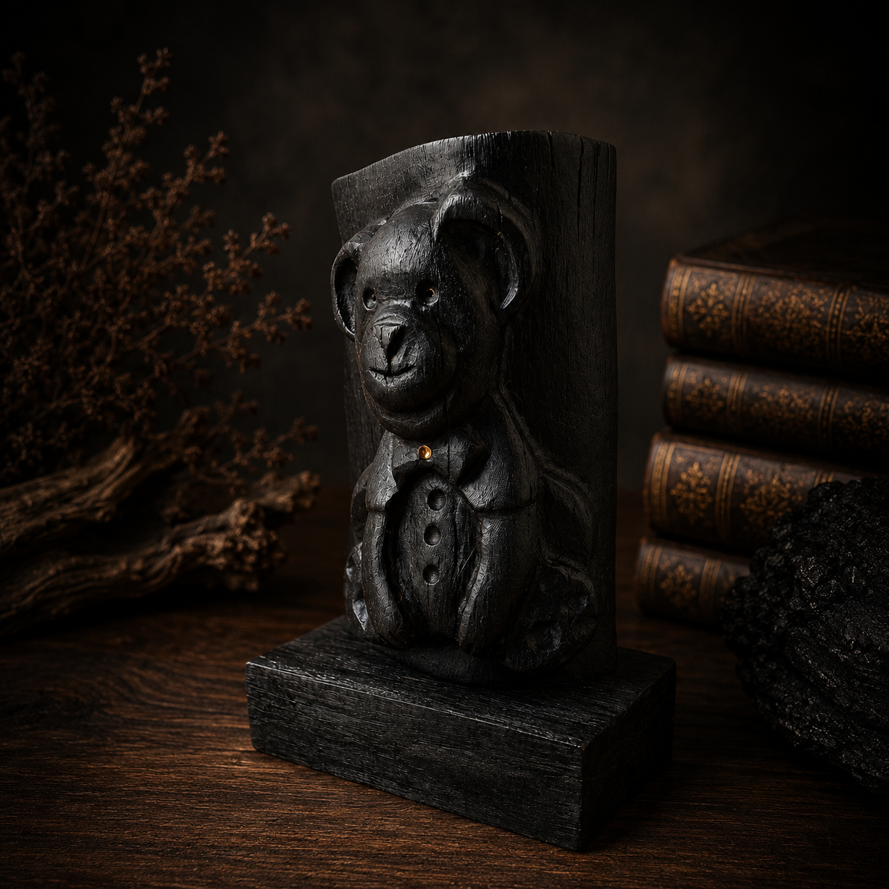 Dark wooden bear sculpture with a hat on a wooden base, surrounded by books and foliage.