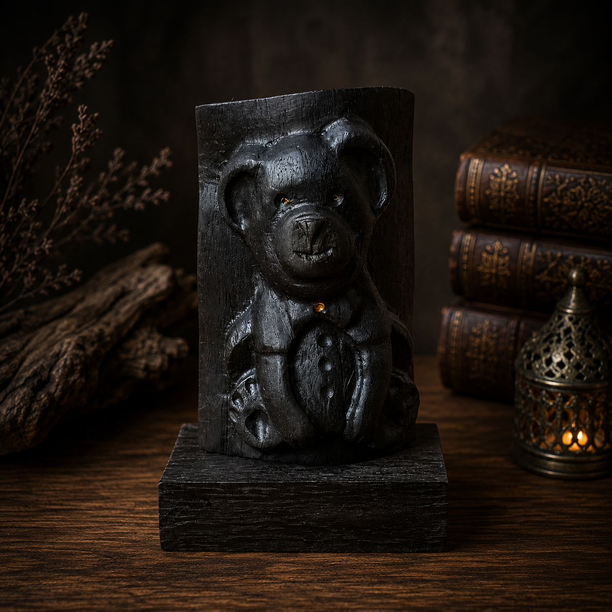 Black stone sculpture of a bear on a wooden base with books and lantern in the background